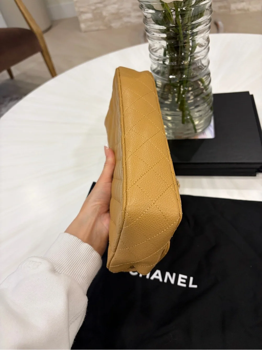 CHANEL Quilted Shoulder Bag in Camel Tan with Gold Hardware